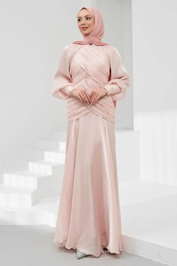 Pudra Önü Drapeli Balon Kol Işıltılı Abiye