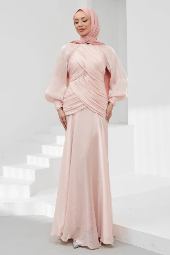 Pudra Önü Drapeli Balon Kol Işıltılı Abiye