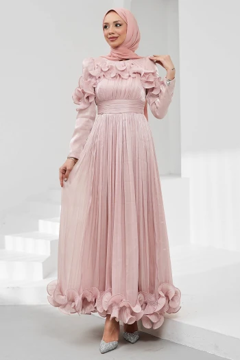 Pudra Yaka Ve Etek Ucu Fırfırlı Işıltılı Abiye