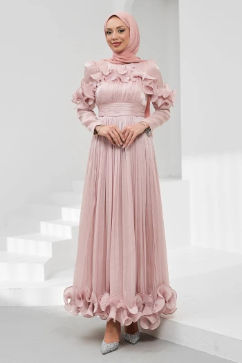 Pudra Yaka Ve Etek Ucu Fırfırlı Işıltılı Abiye