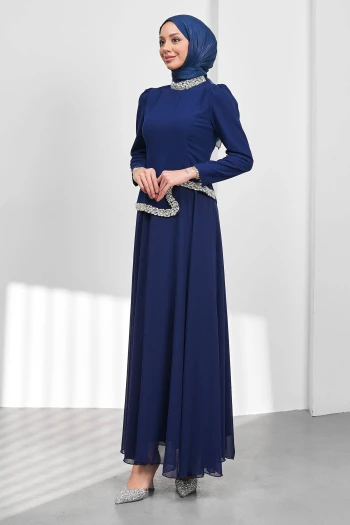 Saks Mavi Asimetrik Detaylı Taşlı Abiye