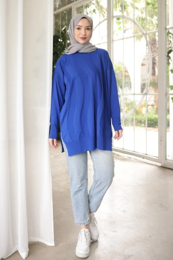 Saks Mavi Bisiklet Yaka Soğuk İplik Triko Tunik