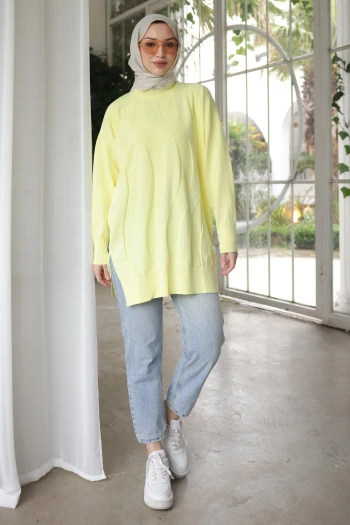 Sarı Bisiklet Yaka Soğuk İplik Triko Tunik