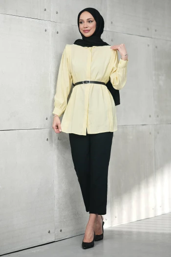 Sarı Gizli Patlı Belden Kemerli Modal Dokuma Tunik