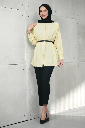 Sarı Gizli Patlı Belden Kemerli Modal Dokuma Tunik