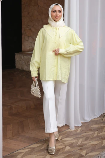 Sarı NFC-5345 Yaka Nakışlı Düğmeli Gömlek