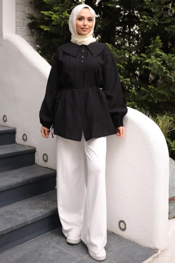 Siyah Bebe Yaka Bel Bağlamalı Gömlek