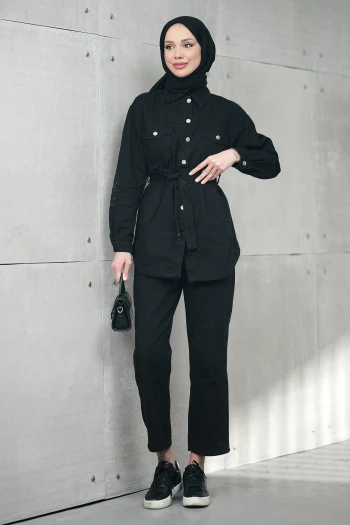 Siyah Bel Bağlamalı Cepli Ceket Pantolonlu Kot Takım
