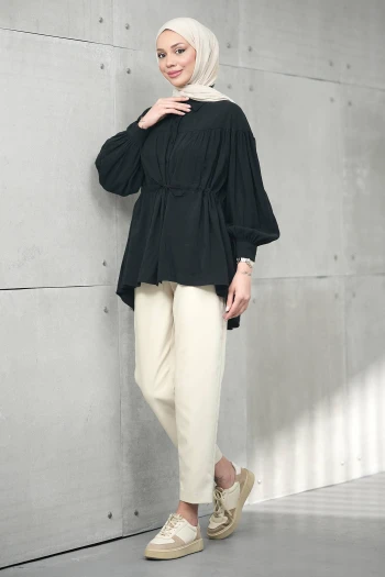 Siyah Bel Bağlamalı Modal Salaş Tunik