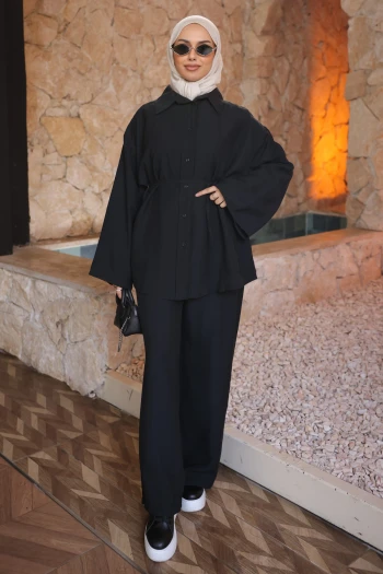 Siyah Bel Bağlamalı Tunik Pantolonlu Modal Takım