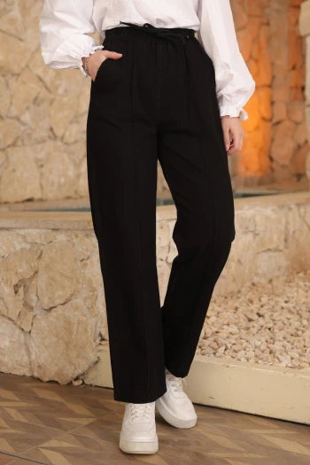 Siyah Bel Lastikli Çimalı Kot Pantolon