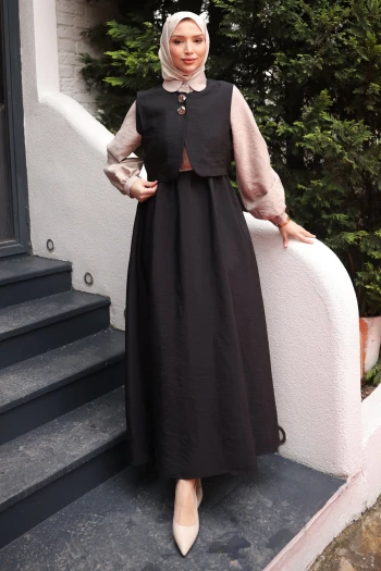 Siyah Bel Lastikli Yelek Kombinli Elbise Takım