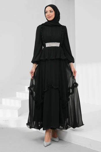 Siyah Beli Taşlı Pliseli Şifon Abiye