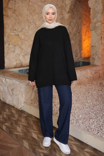 Siyah Bisiklet Yaka Oversize Triko Kazak