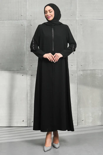 Siyah Bisiklet Yaka Taşlı Fermuarlı Ferace