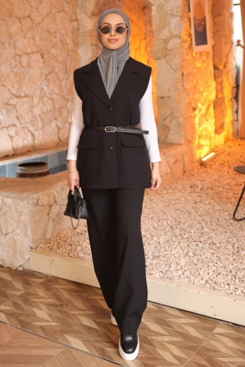 Siyah Çift Cepli Kemerli Yelek Pantolonlu Takım