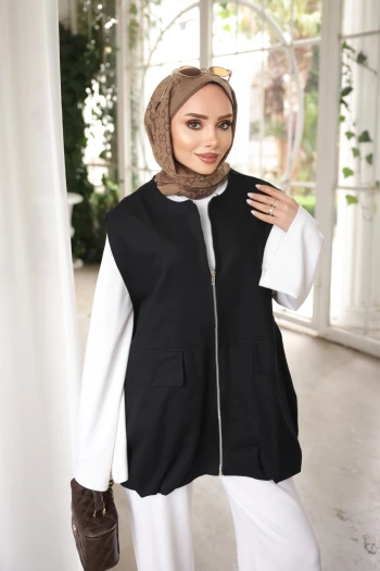 Siyah Fermuarlı Oversize Gabardin Yelek