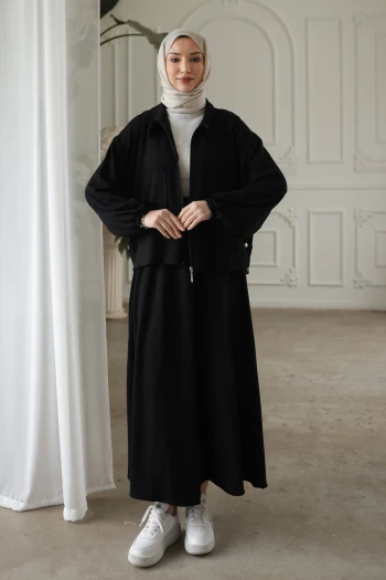 Siyah Fermuarlı Sweat Hırka Etekli Modal Takım