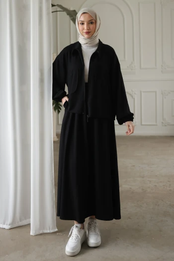 Siyah Fermuarlı Sweat Hırka Etekli Modal Takım