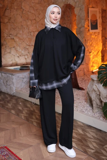 Siyah Garnili Gömlek Yaka Tunik Pantolonlu Takım