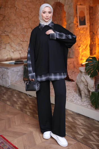 Siyah Garnili Gömlek Yaka Tunik Pantolonlu Takım