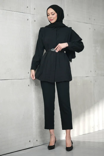 Siyah Gizli Patlı Belden Kemerli Modal Dokuma Tunik