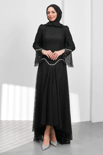Siyah Güpürlü Astarlı Taşlı Abiye