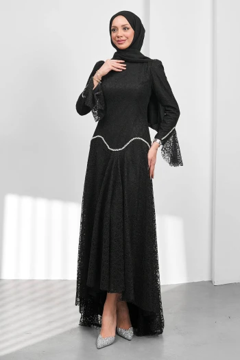 Siyah Güpürlü Astarlı Taşlı Abiye