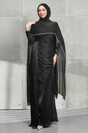 Siyah İnci Pelerinli Önü Büzgülü Abiye