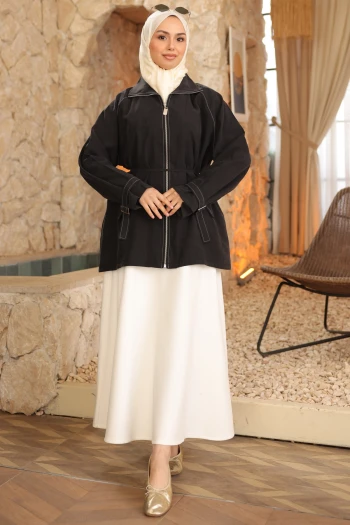 Siyah Kol Apolet Detaylı Fermuarlı Ceket