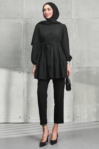 Siyah Kol Lastikli Eteği Katlı Tunik
