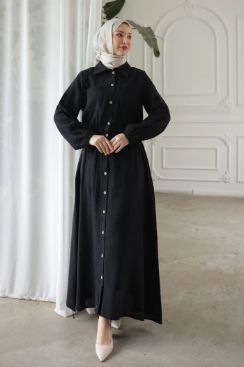 Siyah Kol Ve Bel Lastikli Düğmeli Çift Cepli Elbise
