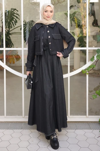 Siyah Kot Ceket Elbise İkili Kombin Takım