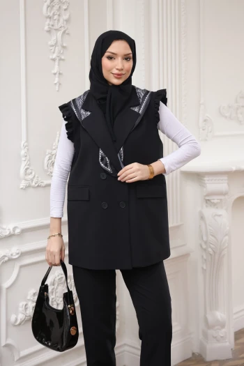 Siyah Kravuze Yaka fular Detaylı Yelek