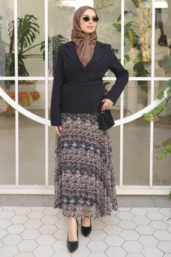 Siyah Kravuze Yaka Kemerli Ceket Şifon Etekli Takım