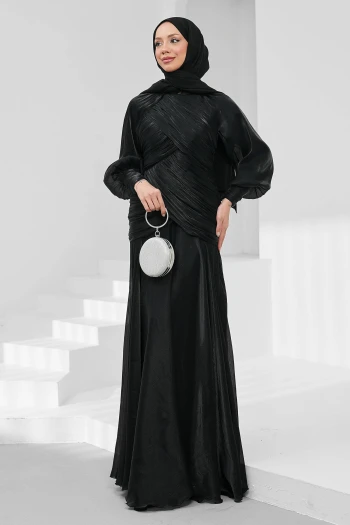 Siyah Önü Drapeli Balon Kol Işıltılı Abiye