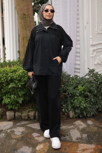 Siyah Paraşüt Garnili Swaet Hırka Pantolonlu Takım