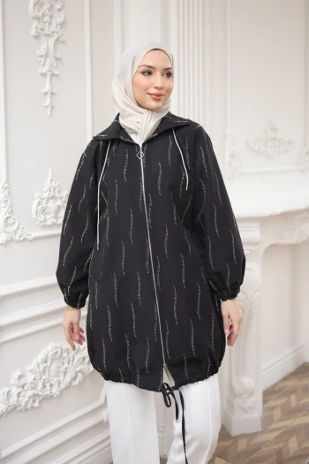 Siyah Taş İşlemeli Fermuarlı Kap