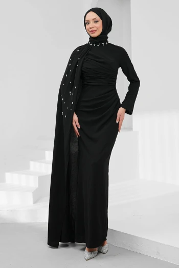 Siyah Taş İşlemeli Pelerinli Abiye