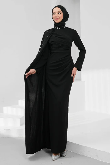 Siyah Taş İşlemeli Pelerinli Abiye