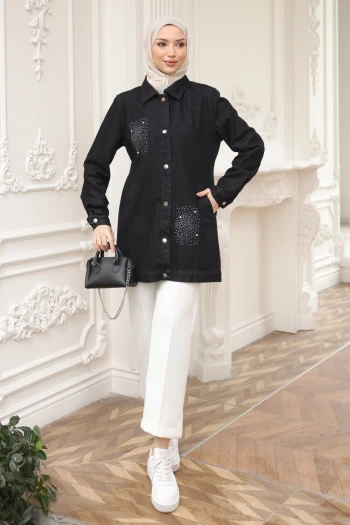 Siyah Taşlı Cepli Kot Ceket