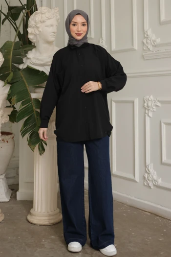 Siyah Tek Cepli Eteği Lastikli Tunik Gömlek