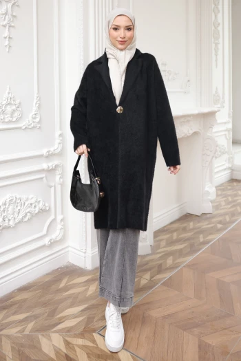 Siyah Tek Düğmeli Angora Yumoş Triko Hırka