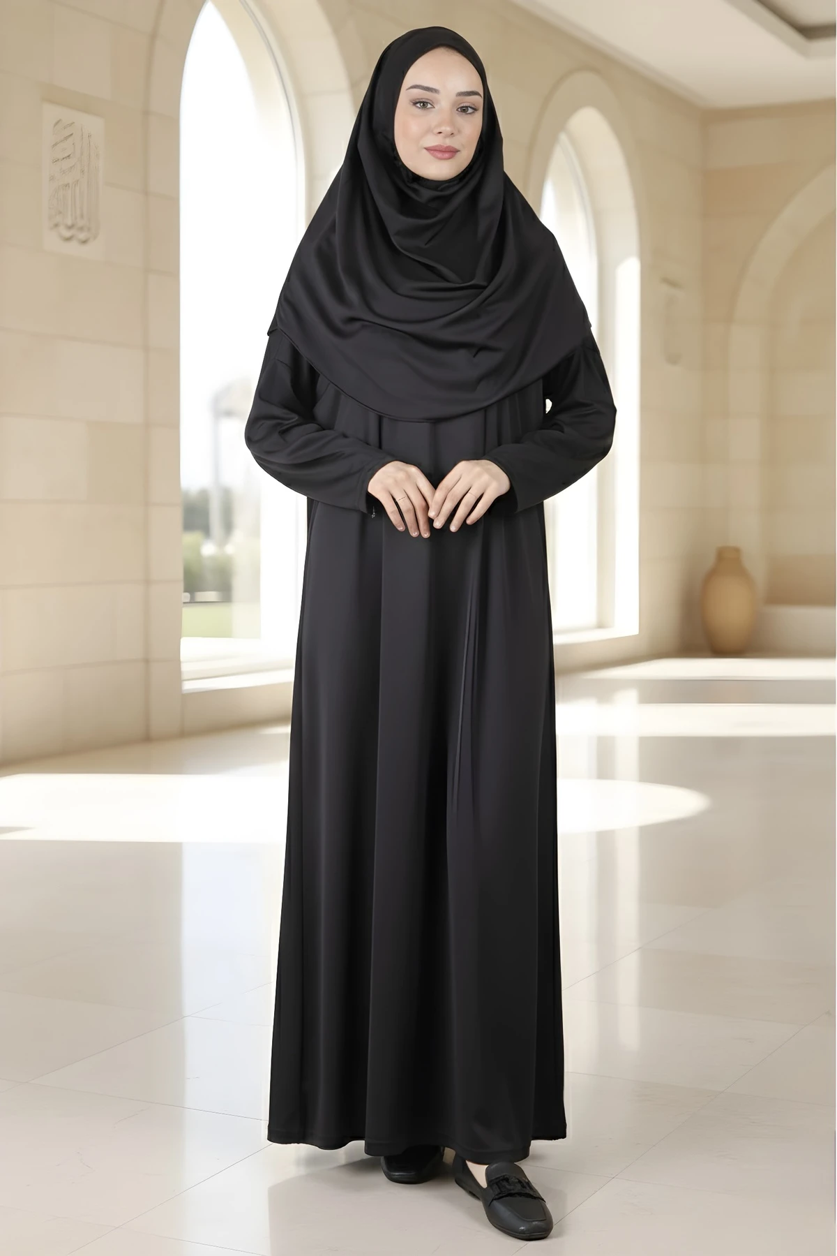 Siyah Kolay Giyilebilen Başörtülü Tek Parça Namaz Elbisesi