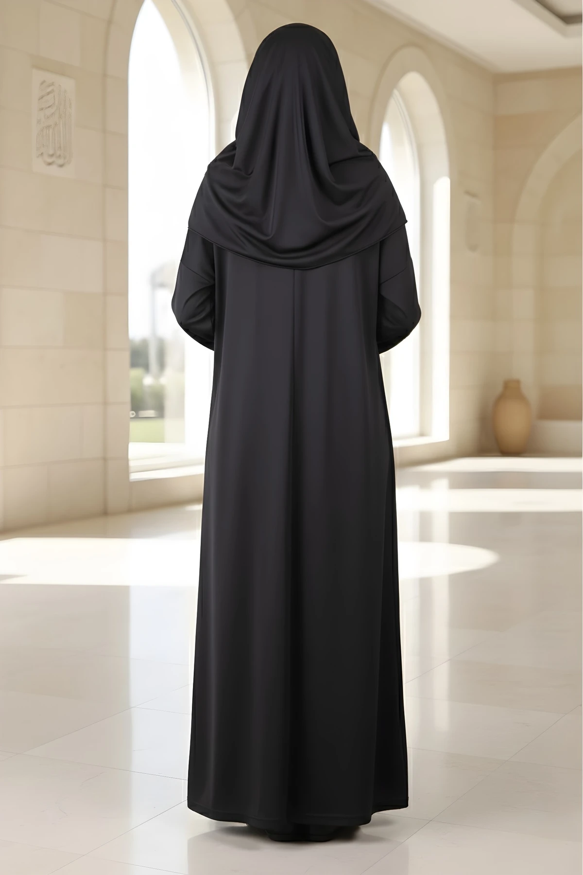 Siyah Kolay Giyilebilen Başörtülü Tek Parça Namaz Elbisesi