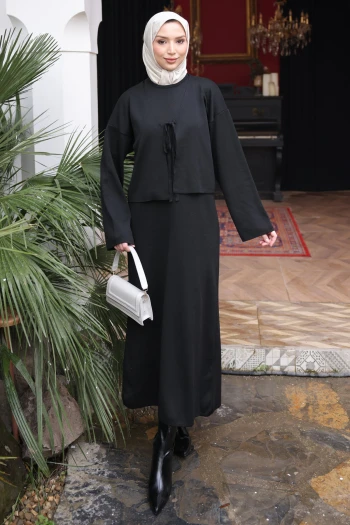 Siyah Triko Hırka Elbise İkili Kombin Takım