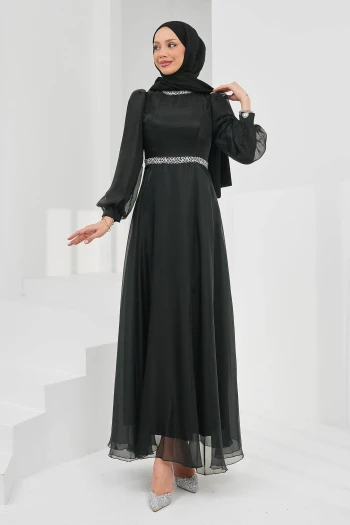 Siyah Yaka Bel Taşlı Balon Kol Abiye