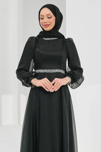 Siyah Yaka Bel Taşlı Balon Kol Abiye