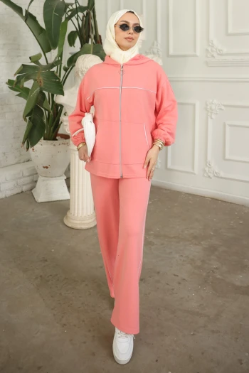 Somon Kapüşonlu Fermuarlı Sweat Hırka Pantolonlu Takım