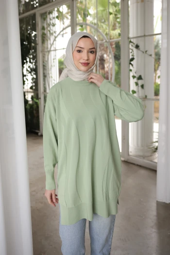 Su Yeşili Bisiklet Yaka Soğuk İplik Triko Tunik